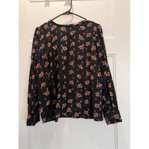 LOFT Blouse Womens Black White Floral Metallic Peplum Long Sleeve Top